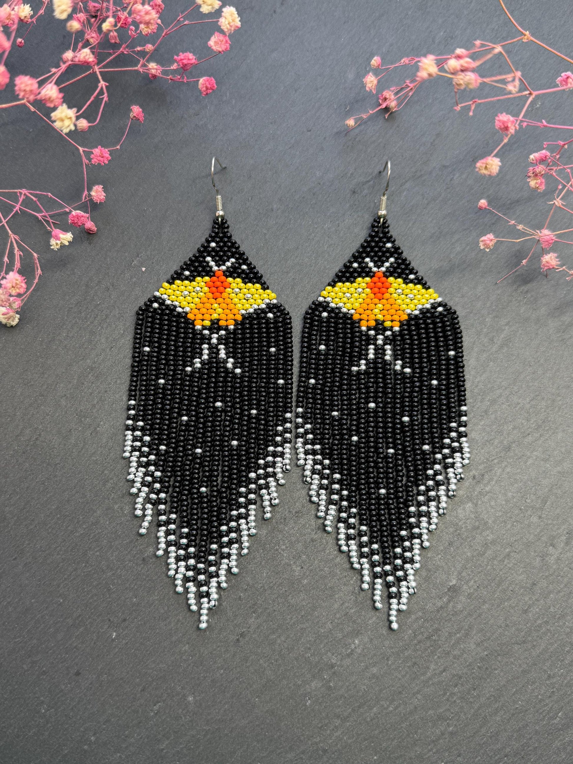 Handmade black and silver beaded butterfly earrings. Bright yellow butterfly, unique modern boho statement dangle earrings, jewelry gift for women image 2