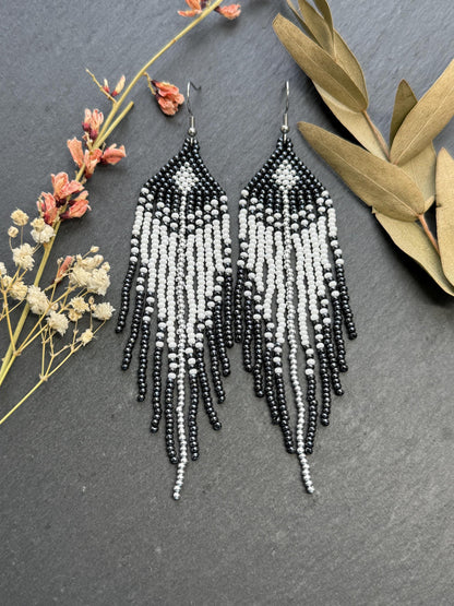 Handmade long black and white beaded fringe earrings in Native American boho style. Statement earrings for women, unique beadwork ethnic design image 8
