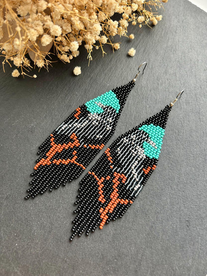 Long black beaded fringe earrings featuring gray raven and moon, handmade boho jewelry, perfect unique statement accessory image 3