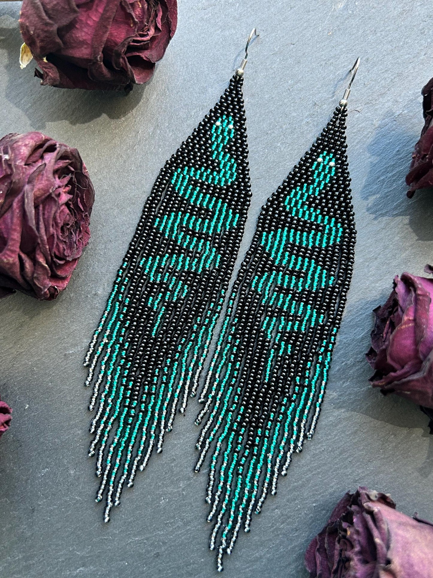 Handmade long beaded earrings with green snake design in boho style. Unique statement jewelry with fringe, perfect gift and standout accessory for any look image 10
