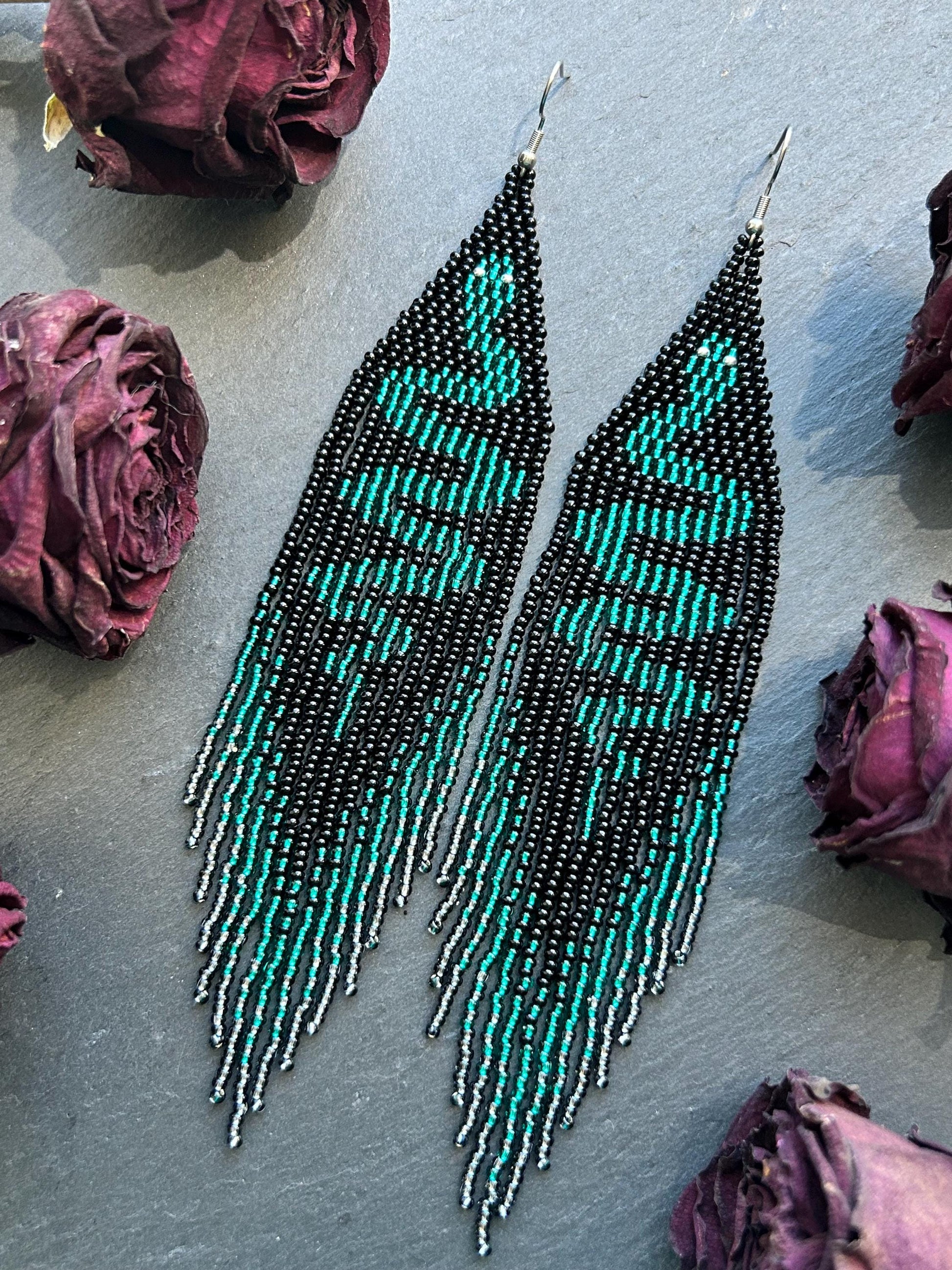 Handmade long beaded earrings with green snake design in boho style. Unique statement jewelry with fringe, perfect gift and standout accessory for any look image 10