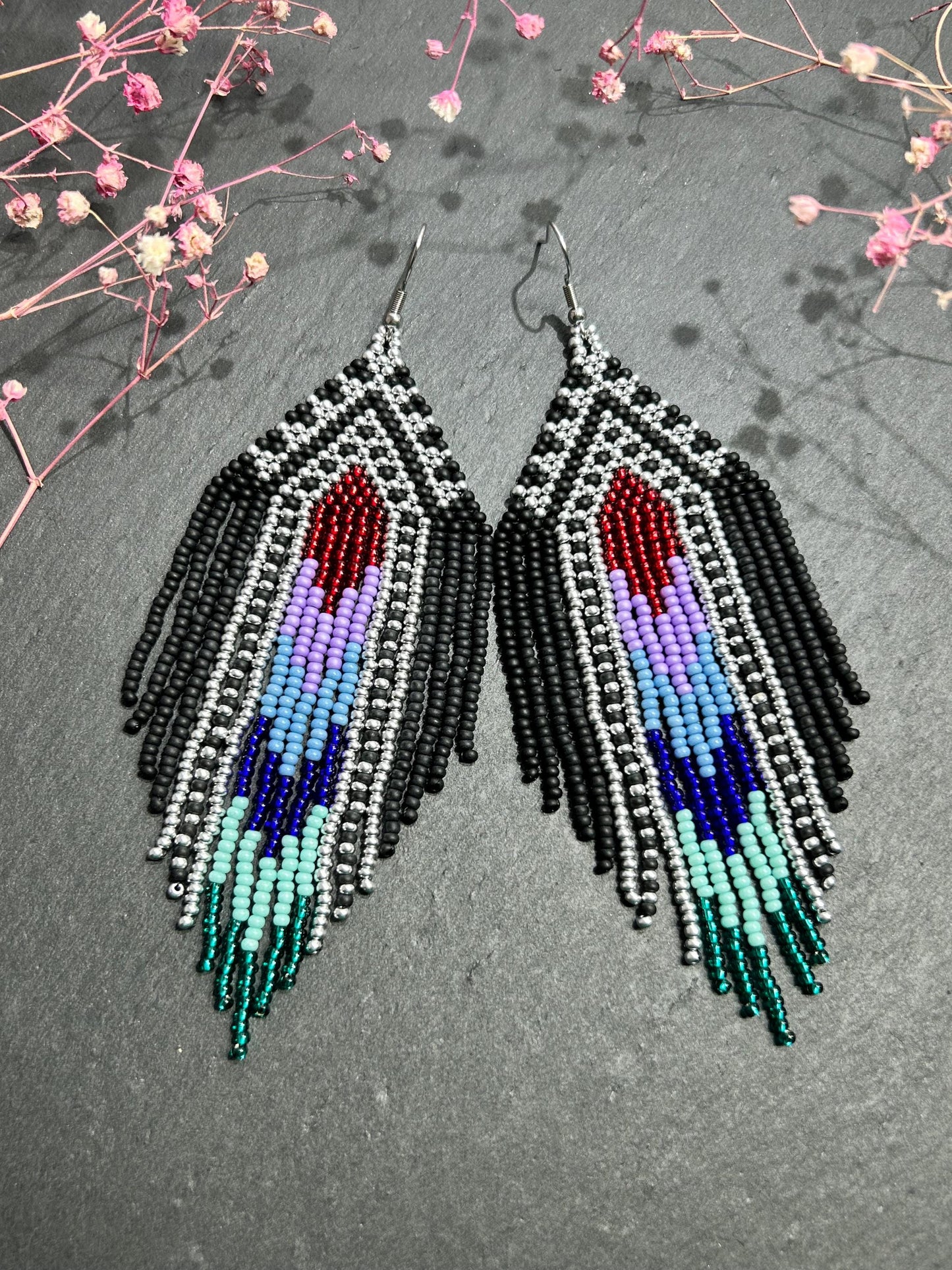 Handmade long black beaded earrings with silver, red, purple and green accents in Native American style. Bright statement boho fringe earrings, perfect gift for women image 6