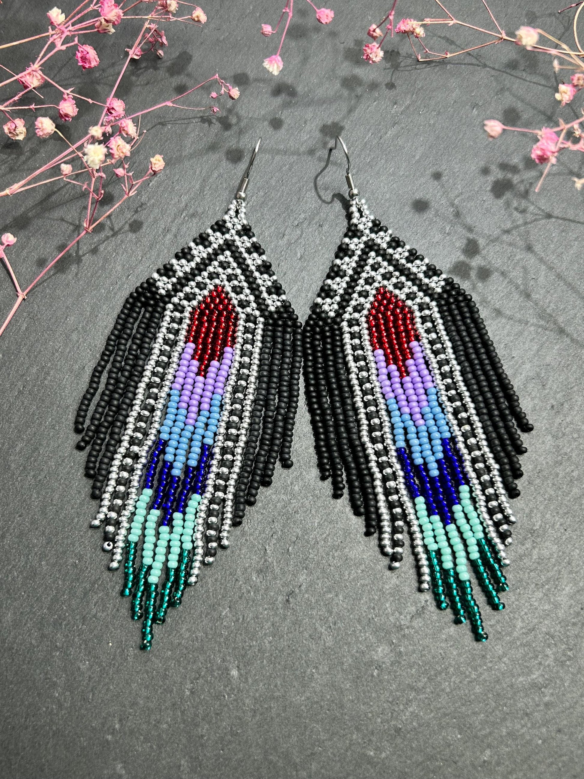 Handmade long black beaded earrings with silver, red, purple and green accents in Native American style. Bright statement boho fringe earrings, perfect gift for women image 6