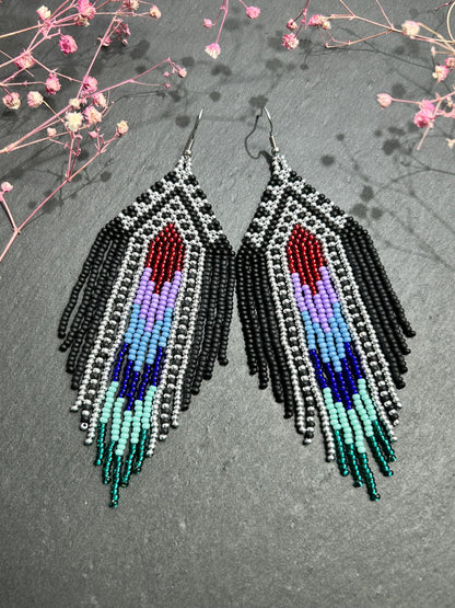 Handmade long black beaded earrings with silver, red, purple and green accents in Native American style. Bright statement boho fringe earrings, perfect gift for women image 6