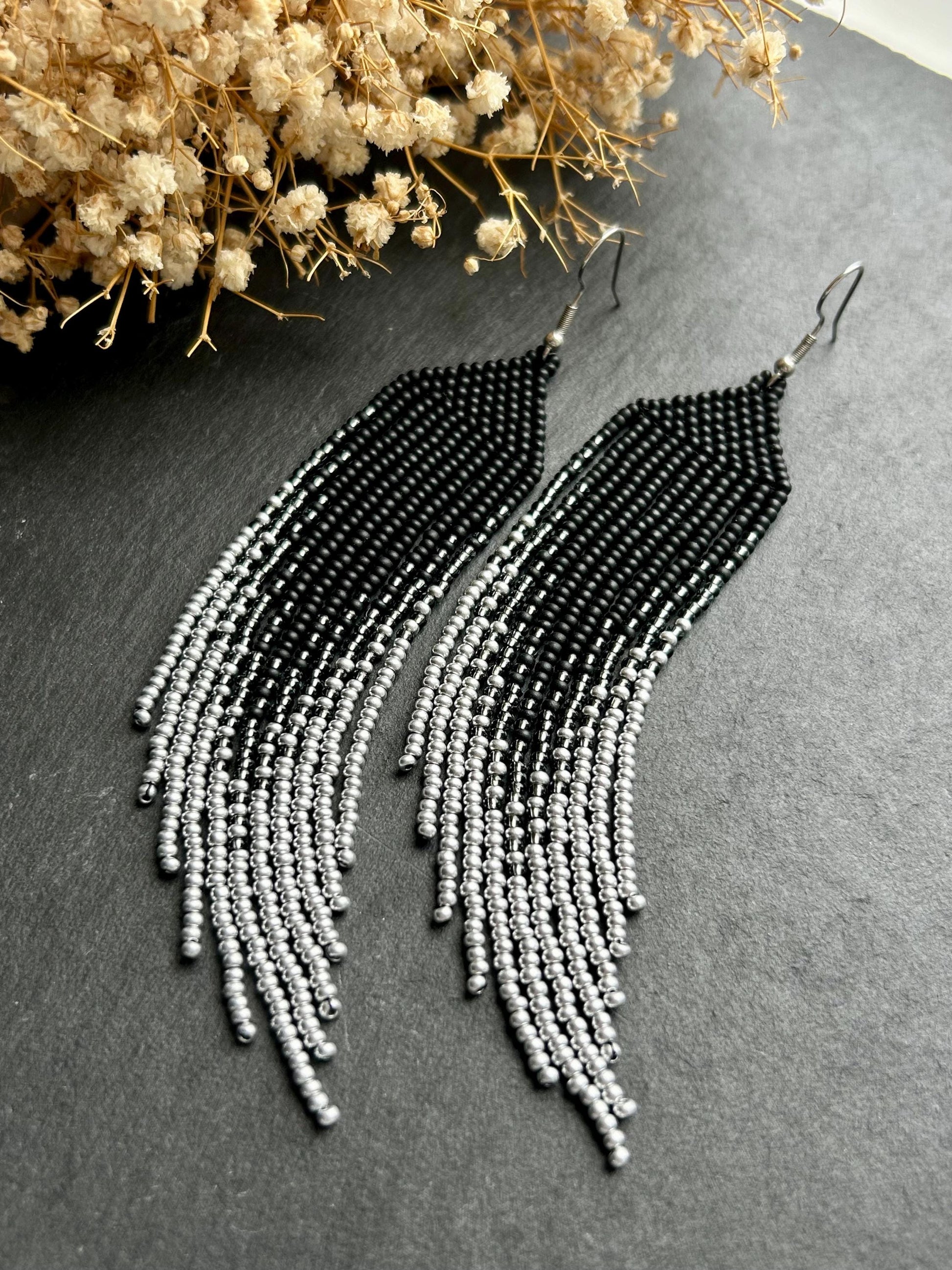 Long black matte beaded earrings with silver ombre fringe. Unique, vibrant, cute statement handmade boho earrings for women, eye-catching and perfect as a gift for her or for everyday wear image 8