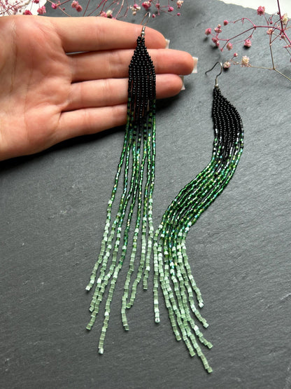 Handmade long black and green beaded earrings with ombre effect and fringe. Unique boho statement earrings for women, vibrant, stylish, and perfect gift image 7