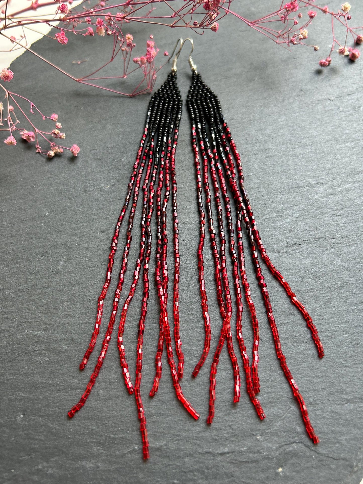 Long handmade black and red ombre beaded earrings with flowing fringe. Boho statement jewelry, unique artisanal accessory for bold everyday or evening style image 9