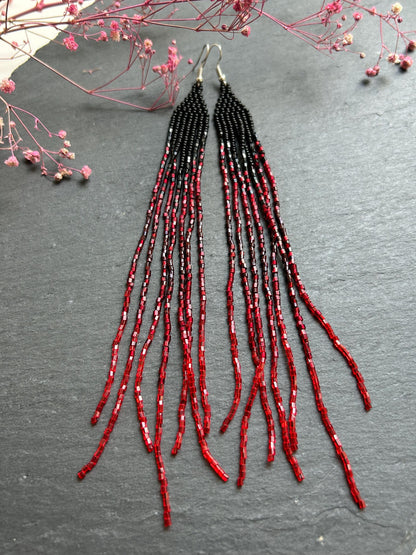 Long handmade black and red ombre beaded earrings with flowing fringe. Boho statement jewelry, unique artisanal accessory for bold everyday or evening style image 9