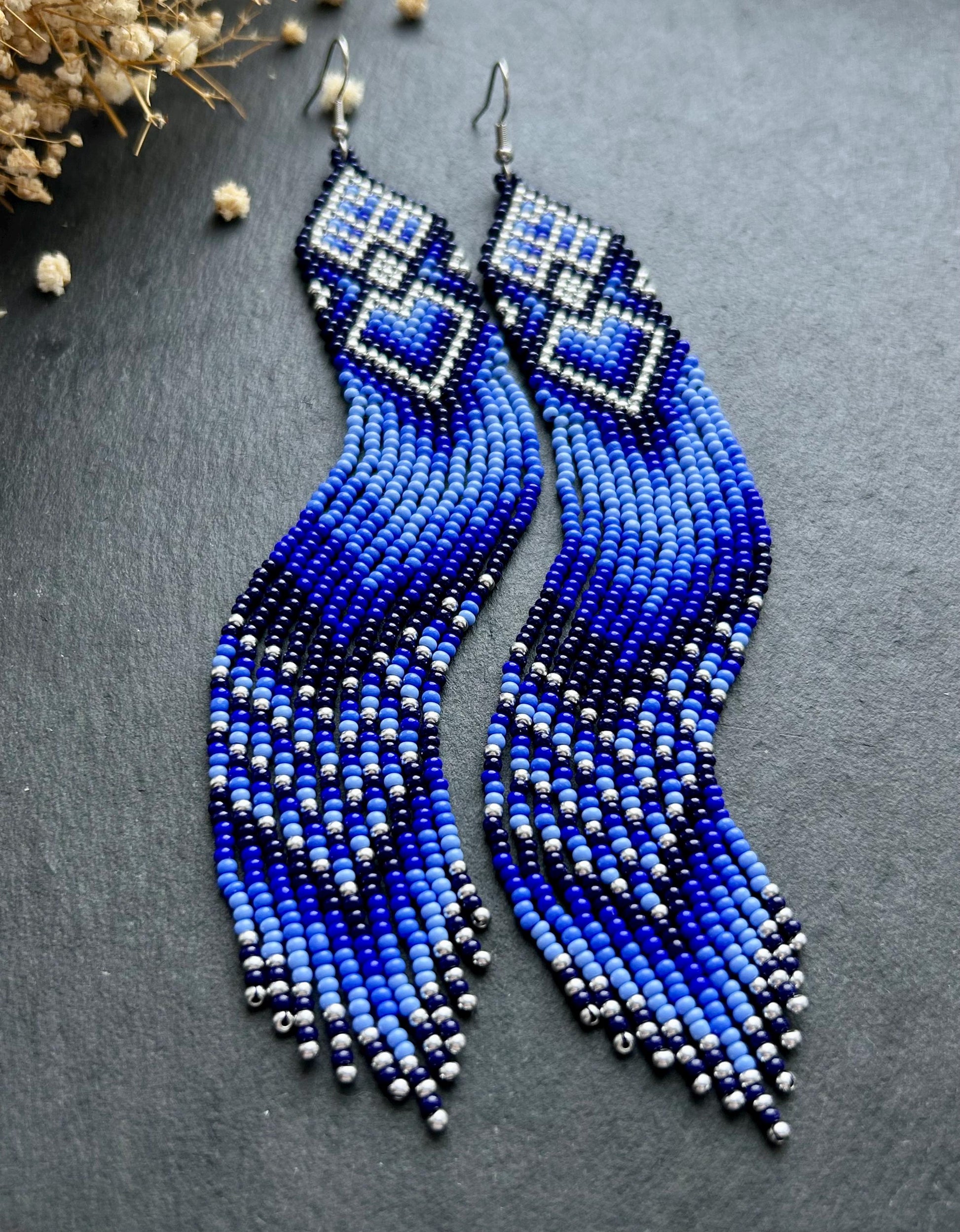 Handmade long blue beaded boho earrings with fringe and silver accents. Native style statement jewelry, unique artisanal accessory for bold style image 7