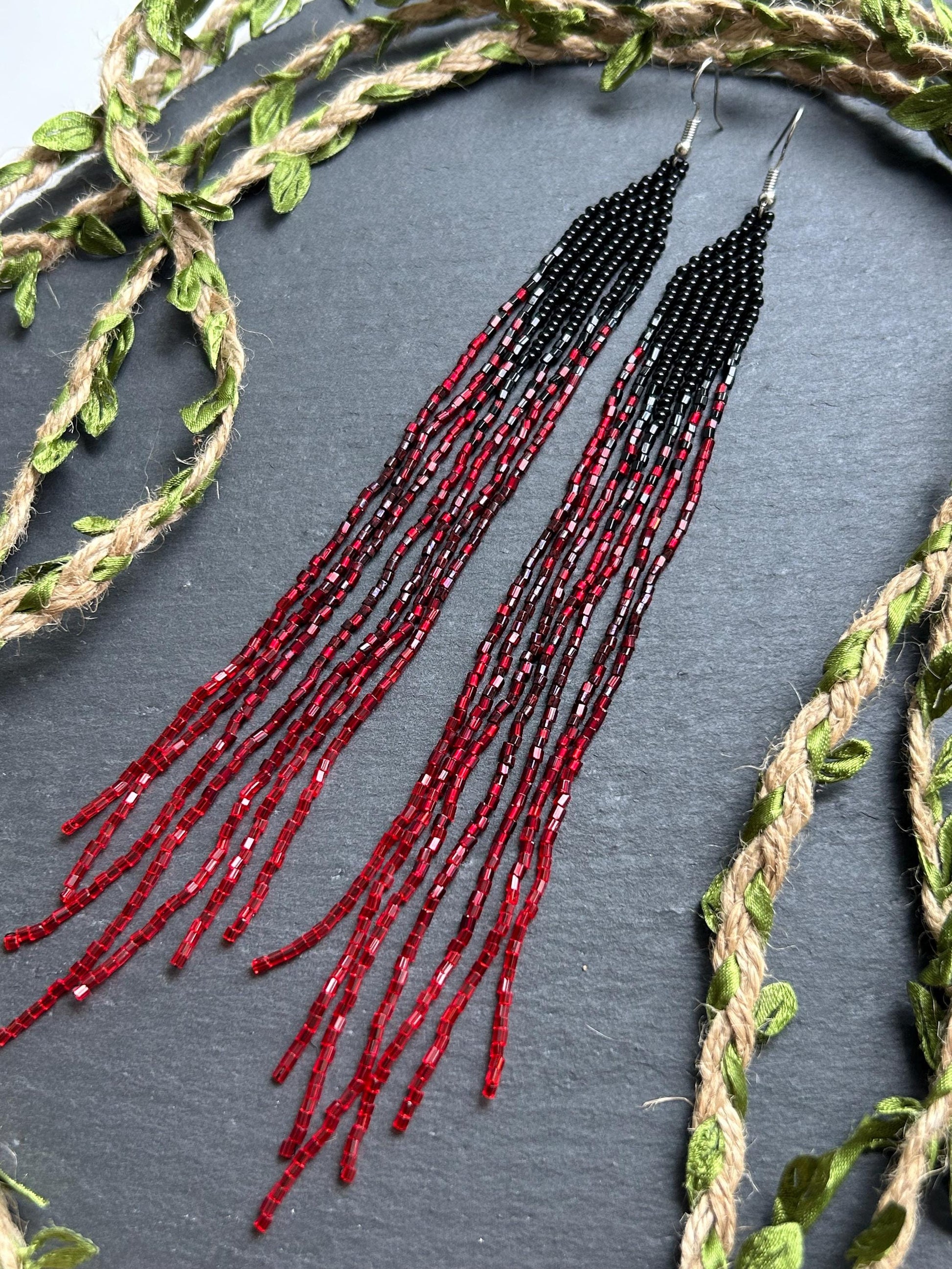 Long handmade black and red ombre beaded earrings with flowing fringe. Boho statement jewelry, unique artisanal accessory for bold everyday or evening style image 11