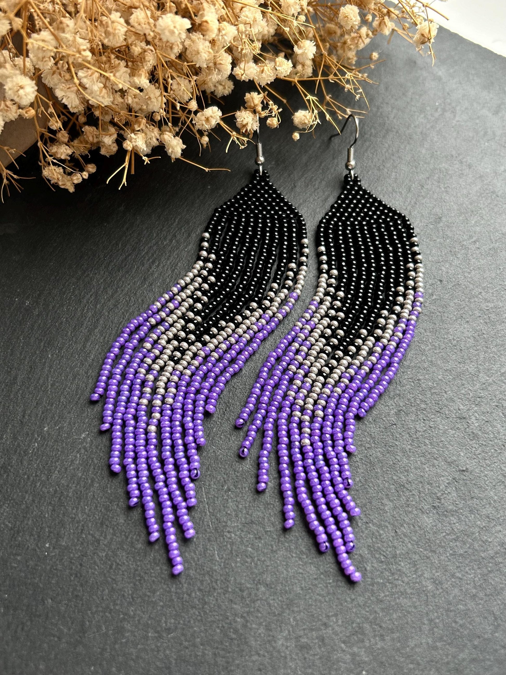Long handmade black earrings with purple ombre and flowing fringe. Unique boho statement jewelry with elegant design, perfect gift for handmade jewelry lovers image 1