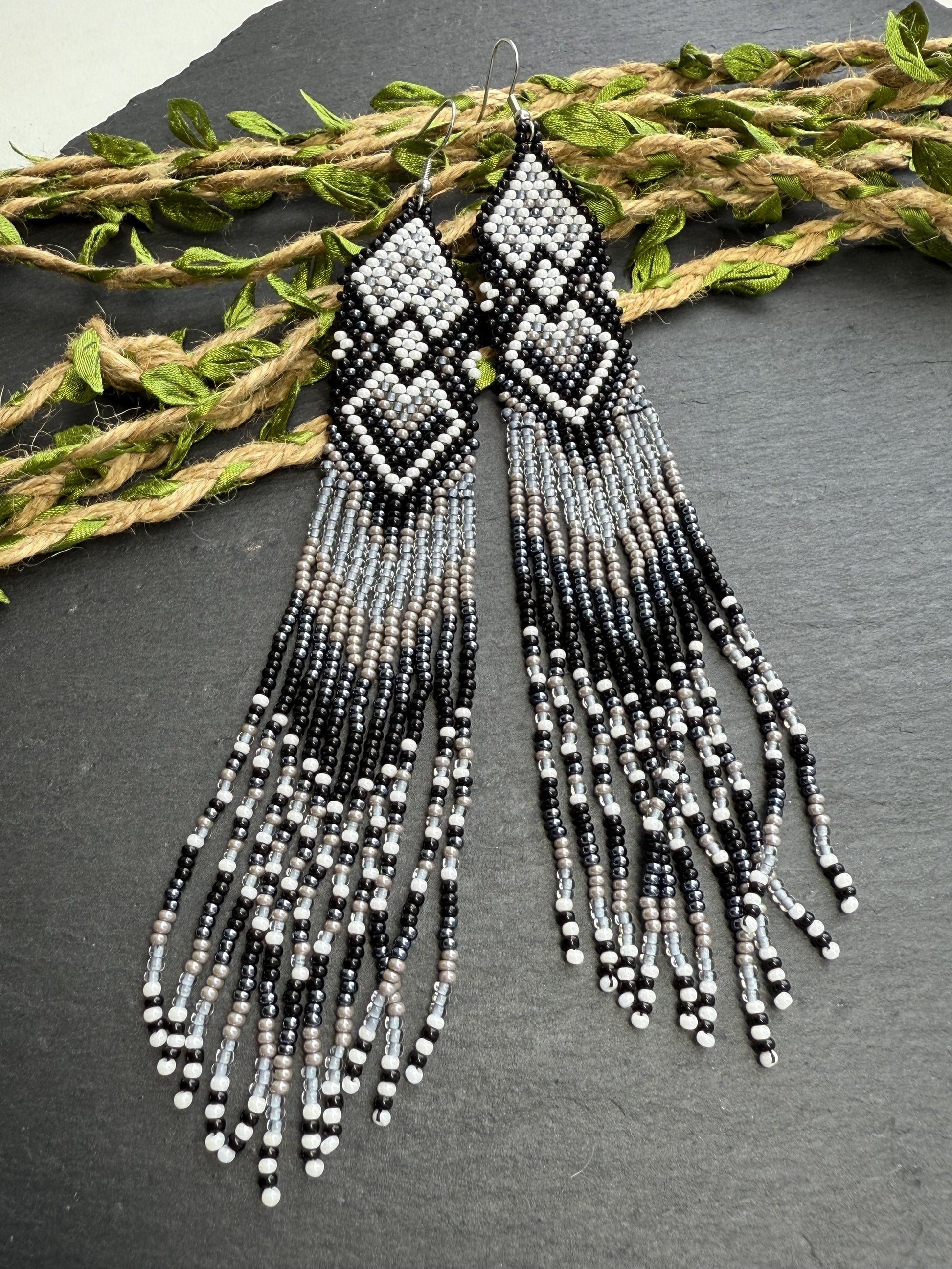 Long black and gray beaded fringe earrings in Native American style. Handmade statement earrings for women, unique ethnic design and perfect gift image 9