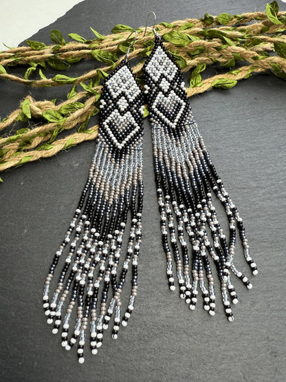 Long black and gray beaded fringe earrings in Native American style. Handmade statement earrings for women, unique ethnic design and perfect gift image 9