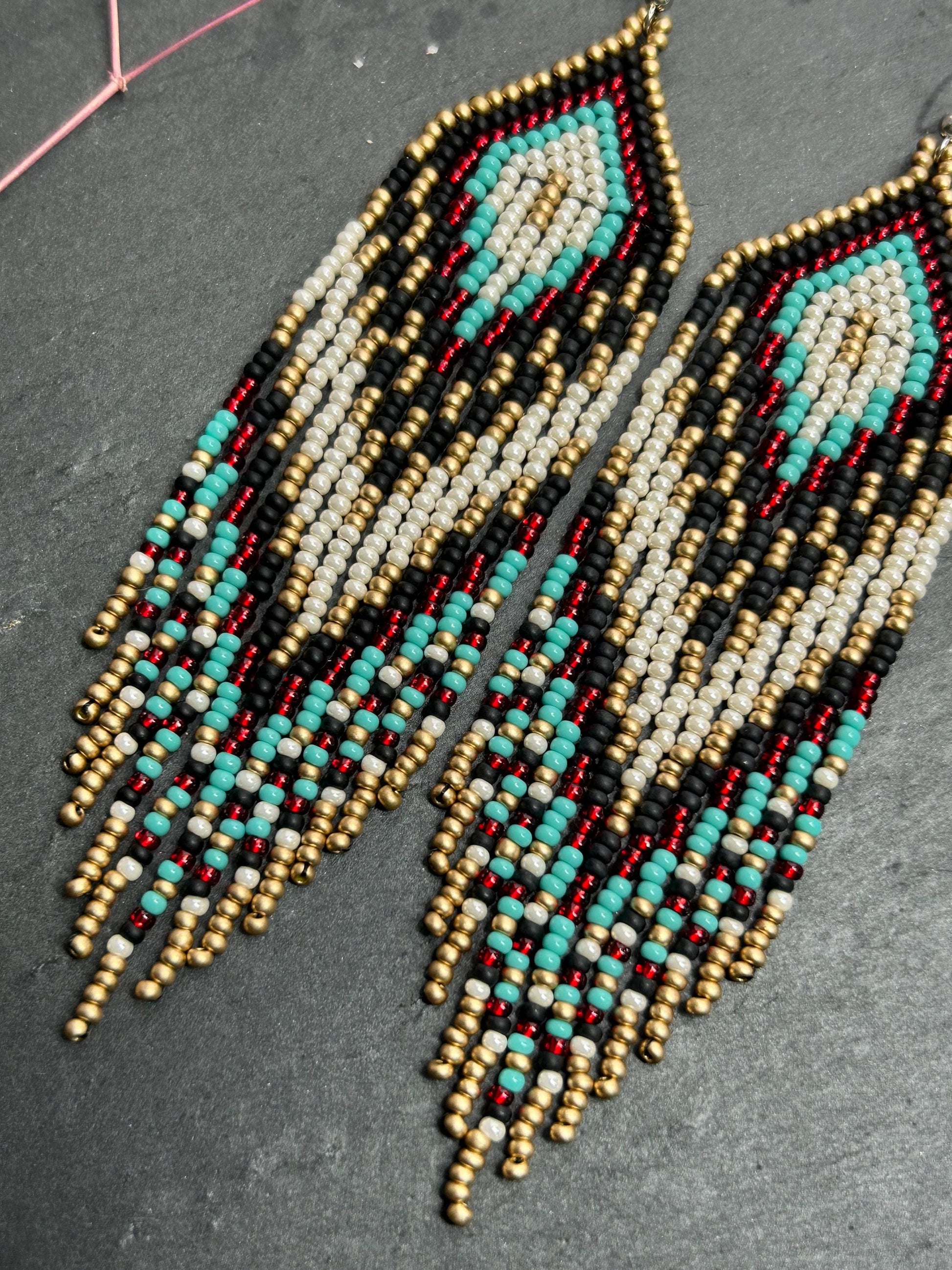 Long Native style beaded earrings with fringe in black, copper, turquoise and red. Handmade ethnic boho jewelry that adds movement and unique style image 5