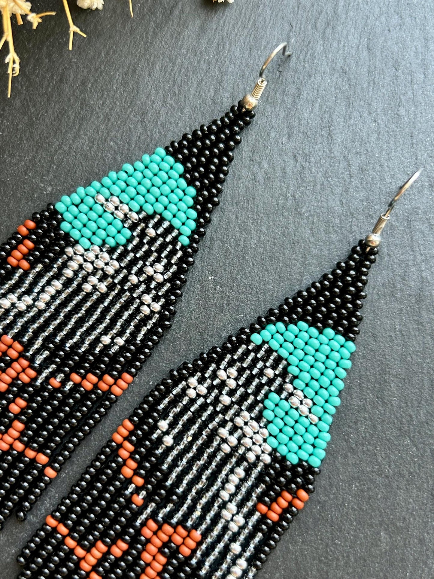 Long black beaded fringe earrings featuring gray raven and moon, handmade boho jewelry, perfect unique statement accessory image 4