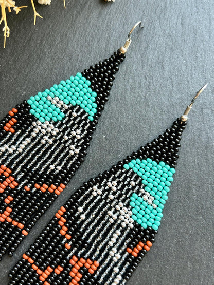 Long black beaded fringe earrings featuring gray raven and moon, handmade boho jewelry, perfect unique statement accessory image 4