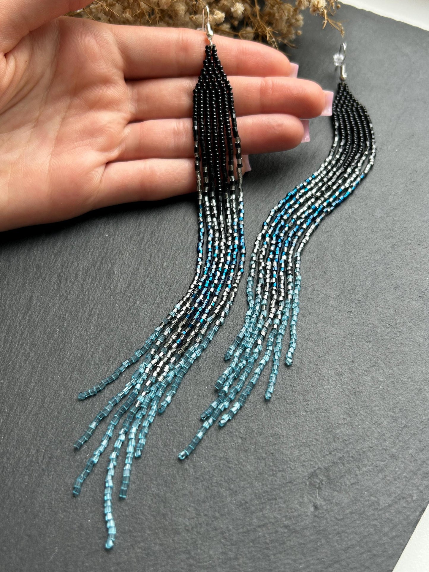 Long handmade black beaded earrings with blue gray ombre and flowing fringe. Boho statement jewelry, unique accessory for elegant style image 6