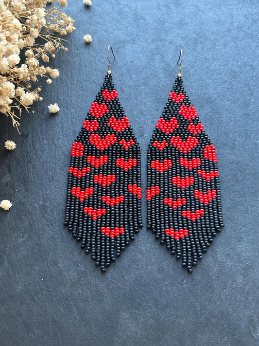 Handmade black beaded earrings with red heart fringe. Unique boho statement jewelry, perfect for Valentine’s Day, romantic gifts, and special occasions  image 1