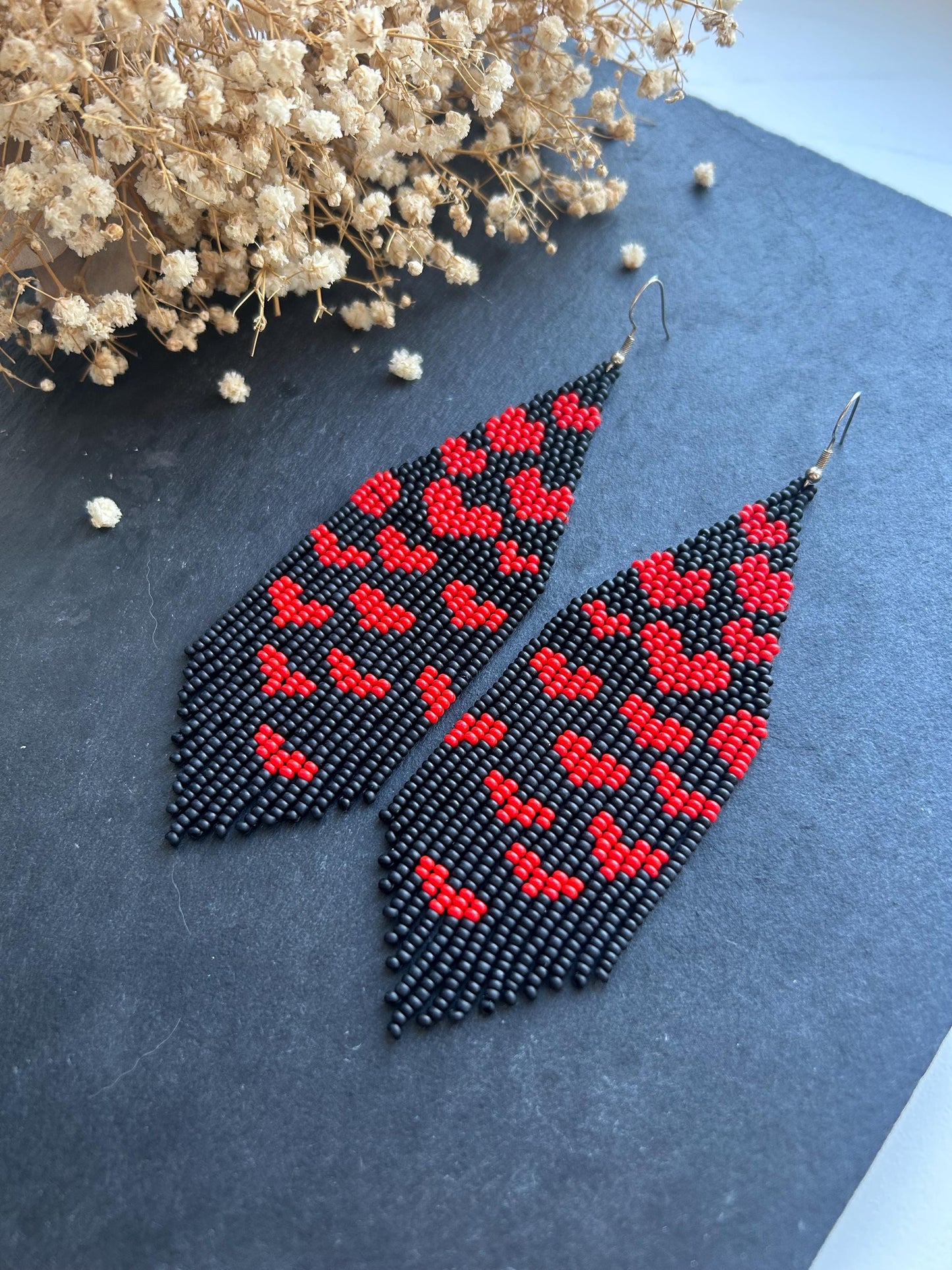 Handmade black beaded earrings with red heart fringe. Unique boho statement jewelry, perfect for Valentine’s Day, romantic gifts, and special occasions  image 3