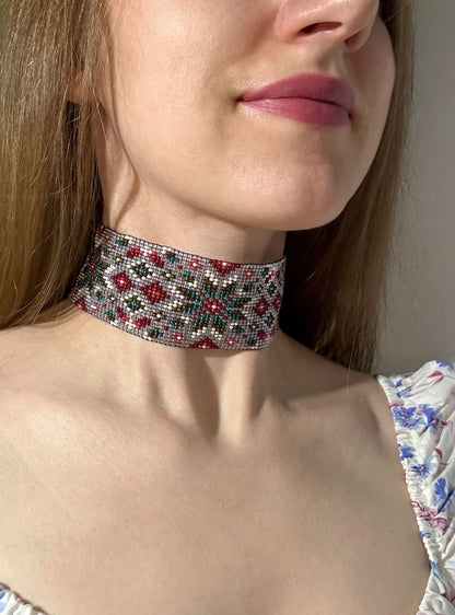 Unique handmade beaded choker necklace with green star and red details. Boho ethnic statement choker, perfect for festival, party, or everyday bohemian style  image 1