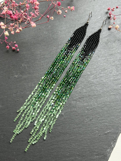 Handmade long black and green beaded earrings with ombre effect and fringe. Unique boho statement earrings for women, vibrant, stylish, and perfect gift image 8