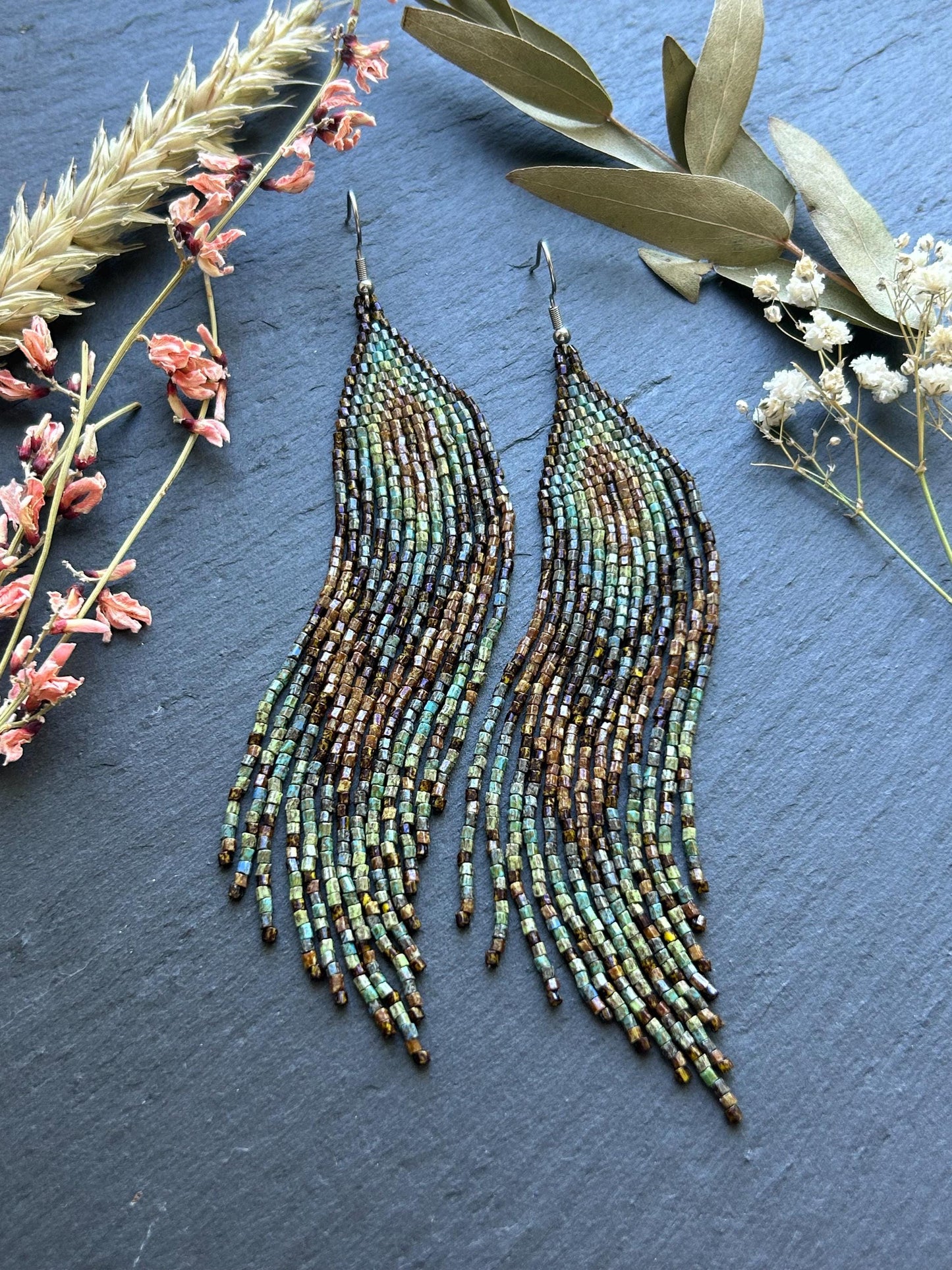 Handmade long beaded earrings in turquoise, green, and brown with fringe. Native American boho statement jewelry, unique artisanal accessory and perfect gift image 4