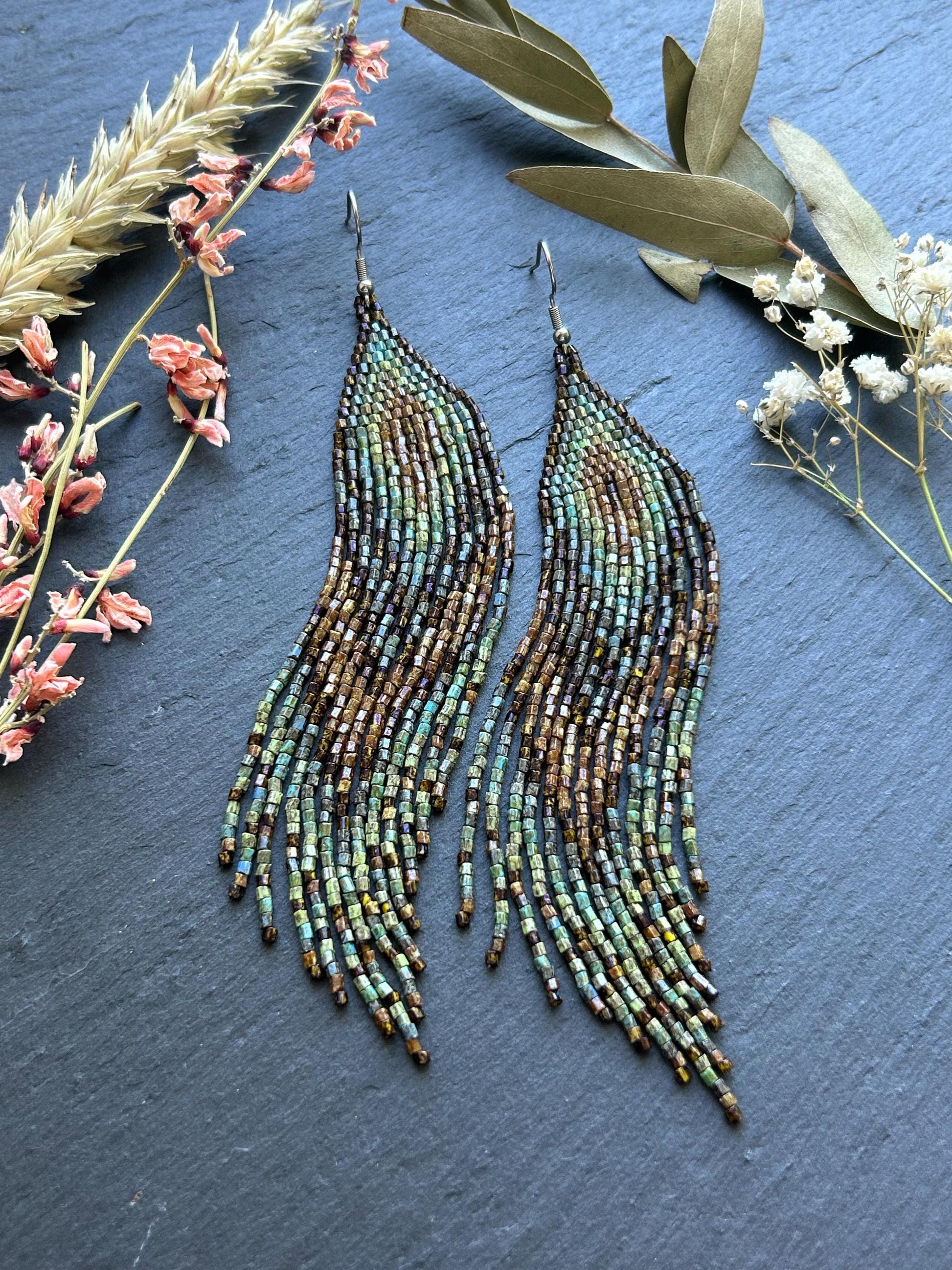 Handmade long beaded earrings in turquoise, green, and brown with fringe. Native American boho statement jewelry, unique artisanal accessory and perfect gift image 4