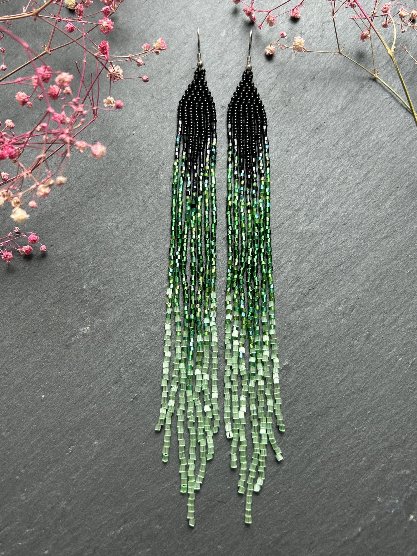 Handmade long black and green beaded earrings with ombre effect and fringe. Unique boho statement earrings for women, vibrant, stylish, and perfect gift image 3
