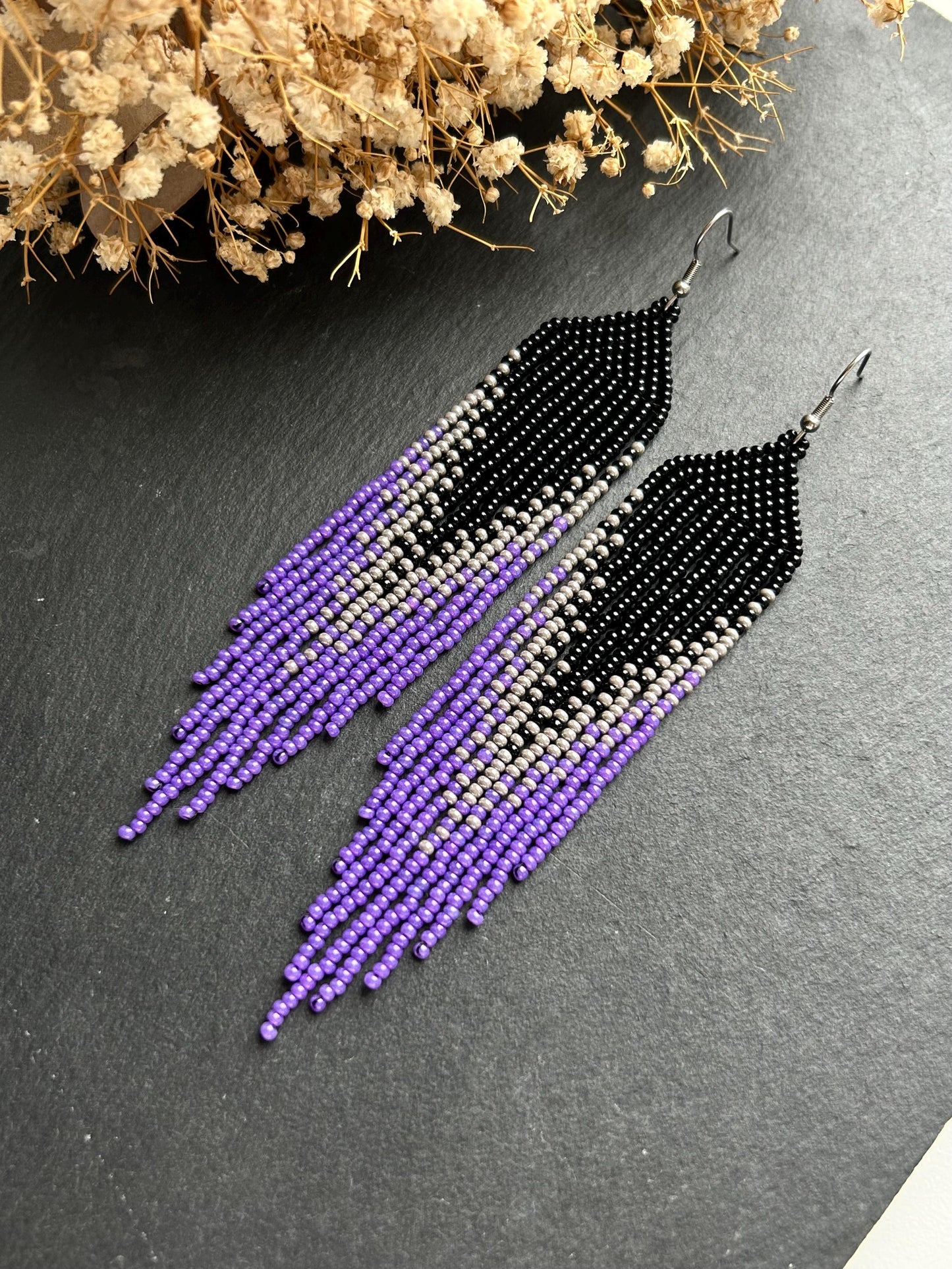 Long handmade black earrings with purple ombre and flowing fringe. Unique boho statement jewelry with elegant design, perfect gift for handmade jewelry lovers image 10
