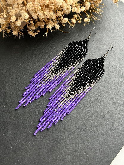 Long handmade black earrings with purple ombre and flowing fringe. Unique boho statement jewelry with elegant design, perfect gift for handmade jewelry lovers image 10
