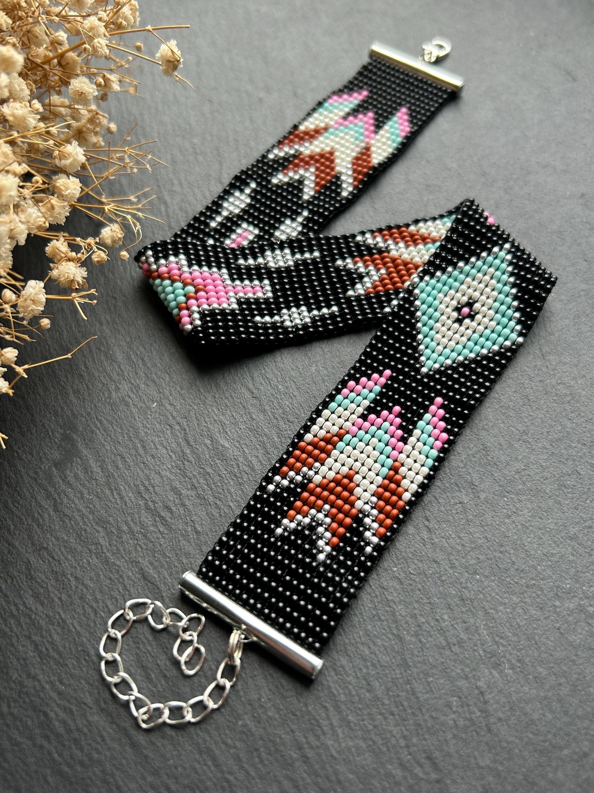 Unique handmade black beaded choker with geometric ornament in turquoise, pink, beige, and silver tones. Native American style boho statement choker necklace with adjustable chain image 9