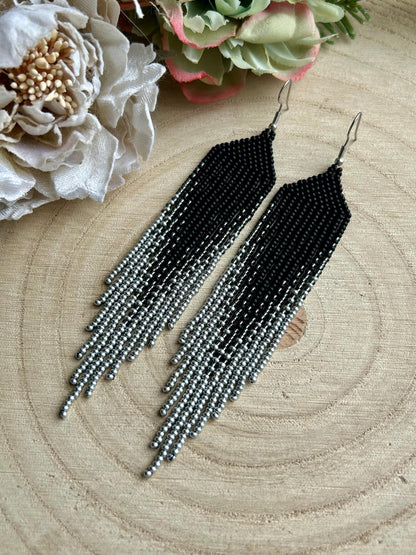 Long black matte beaded earrings with silver ombre fringe. Unique, vibrant, cute statement handmade boho earrings for women, eye-catching and perfect as a gift for her or for everyday wear image 10