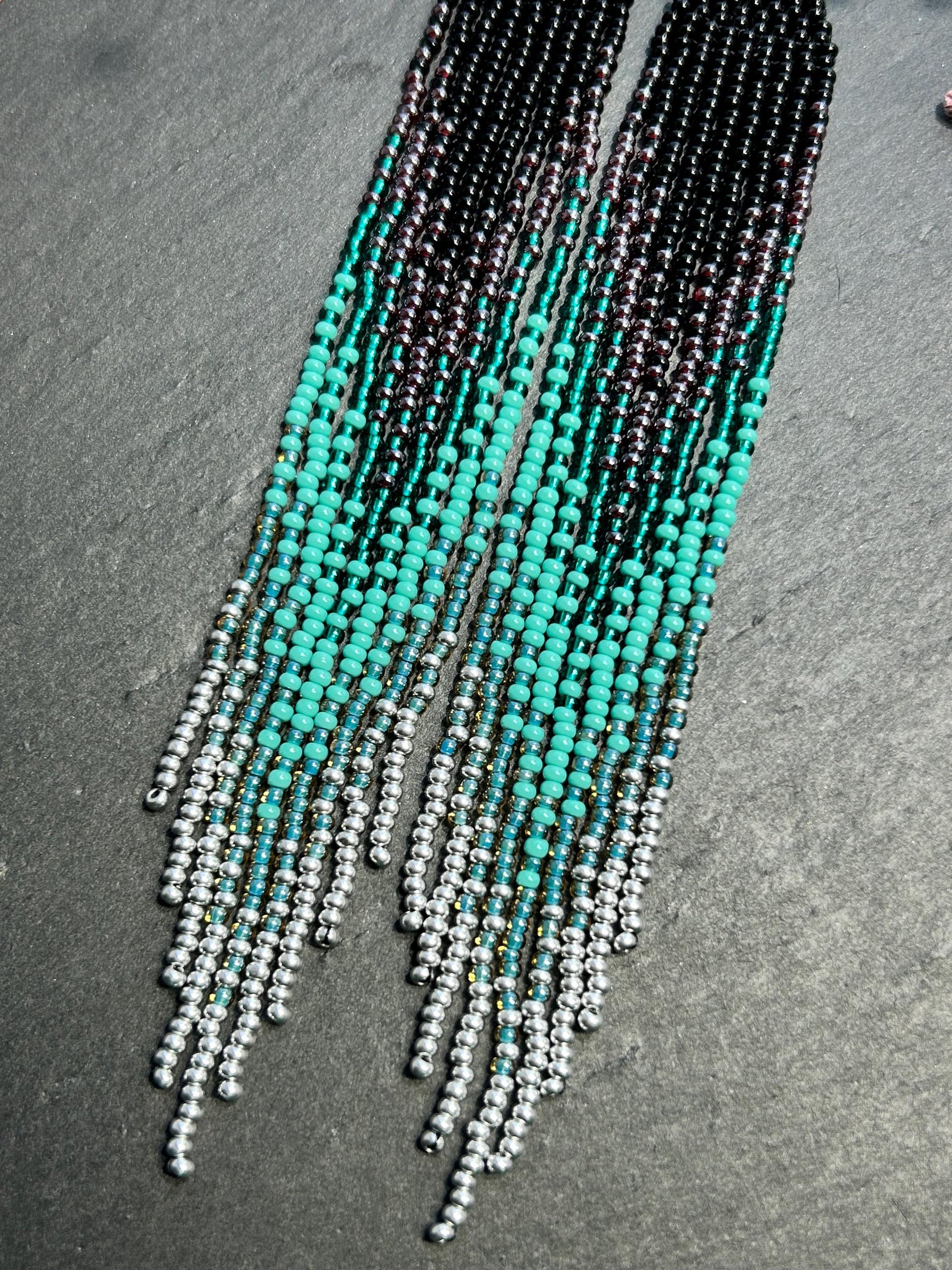 Handmade long black and green beaded fringe earrings with ombre design. Boho statement jewelry, lightweight and stylish image 4