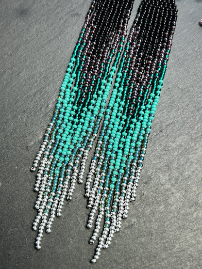Handmade long black and green beaded fringe earrings with ombre design. Boho statement jewelry, lightweight and stylish image 4