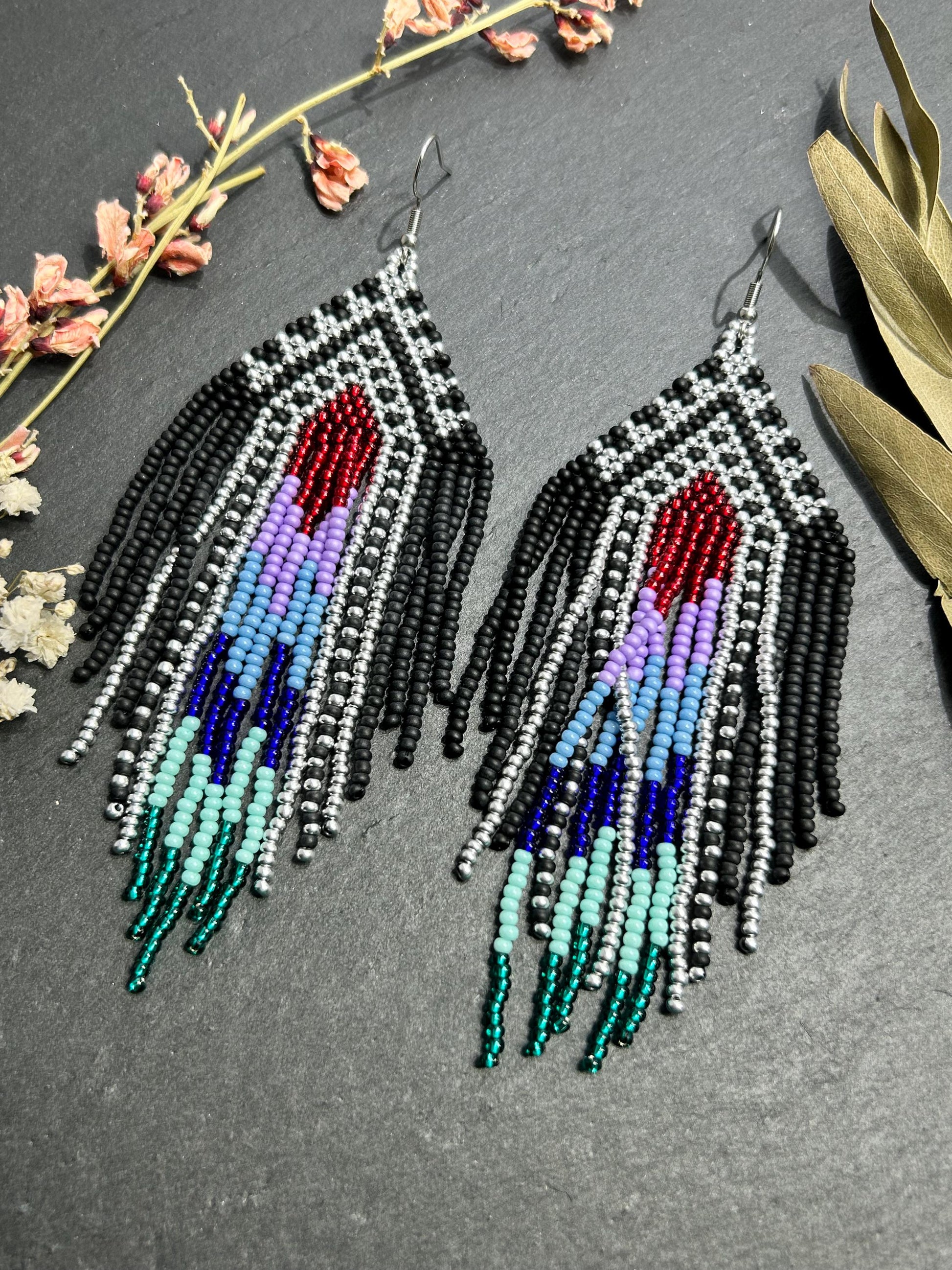 Handmade long black beaded earrings with silver, red, purple and green accents in Native American style. Bright statement boho fringe earrings, perfect gift for women image 7
