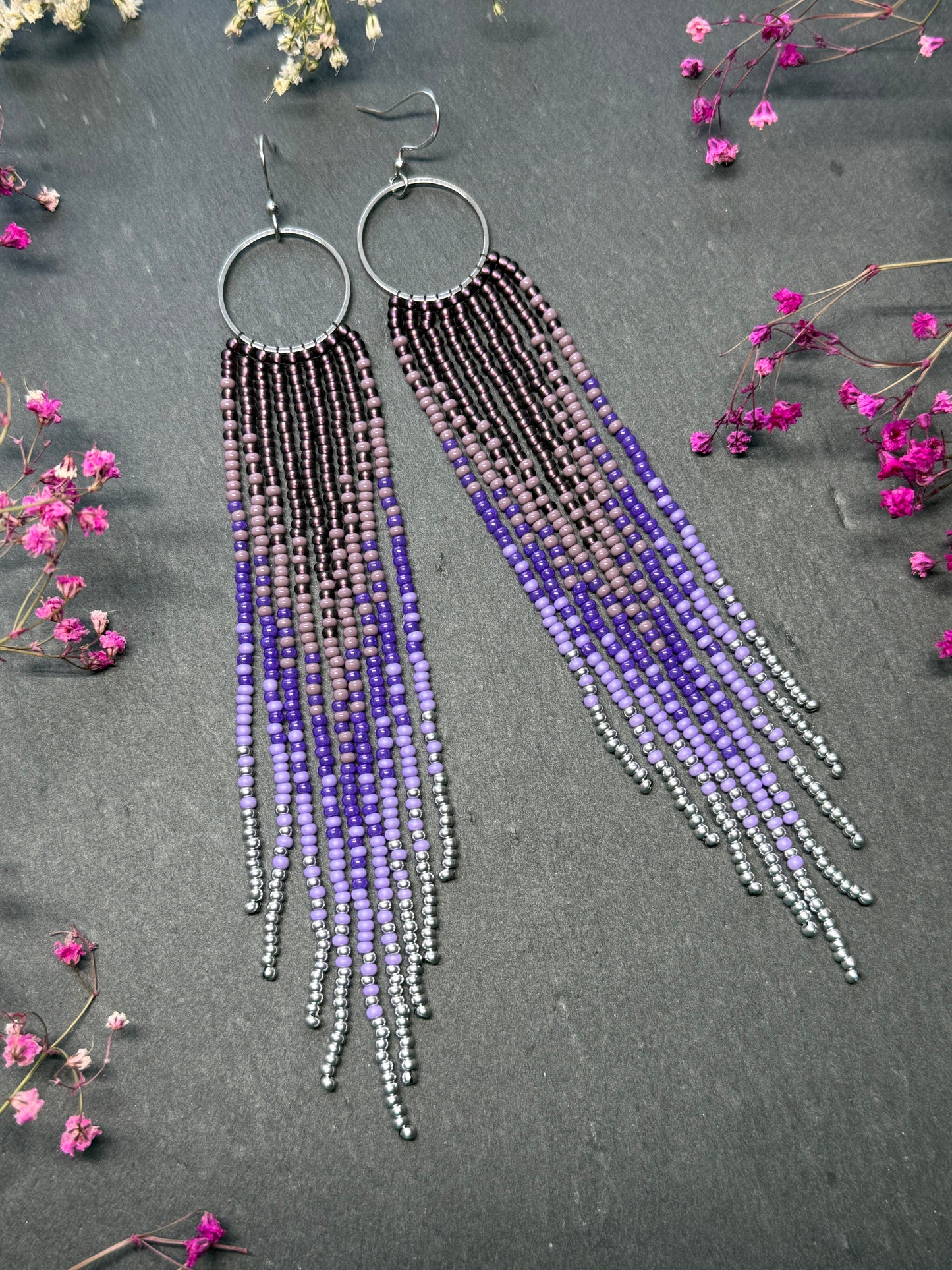 Long purple and silver beaded fringe earrings on hoop base with 925 sterling silver hooks. Handmade statement earrings fringe and gradient design boho jewelry image 13