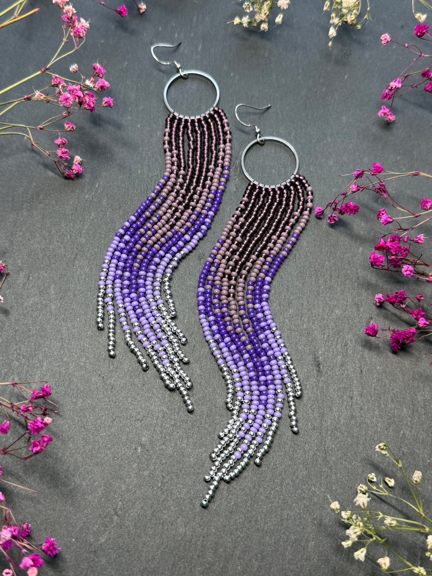 Long purple and silver beaded fringe earrings on hoop base with 925 sterling silver hooks. Handmade statement earrings fringe and gradient design boho jewelry image 9
