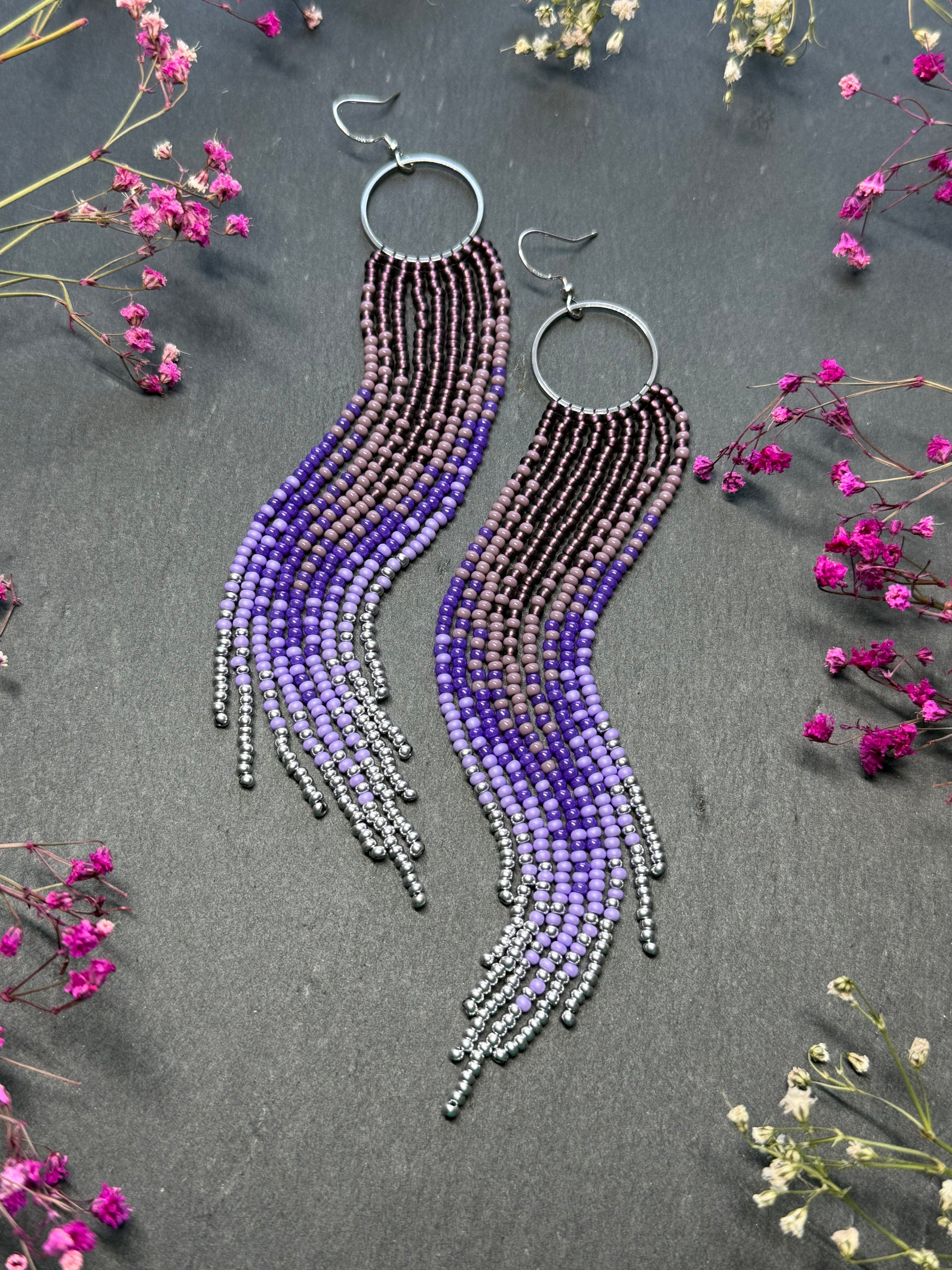 Long purple and silver beaded fringe earrings on hoop base with 925 sterling silver hooks. Handmade statement earrings fringe and gradient design boho jewelry image 9