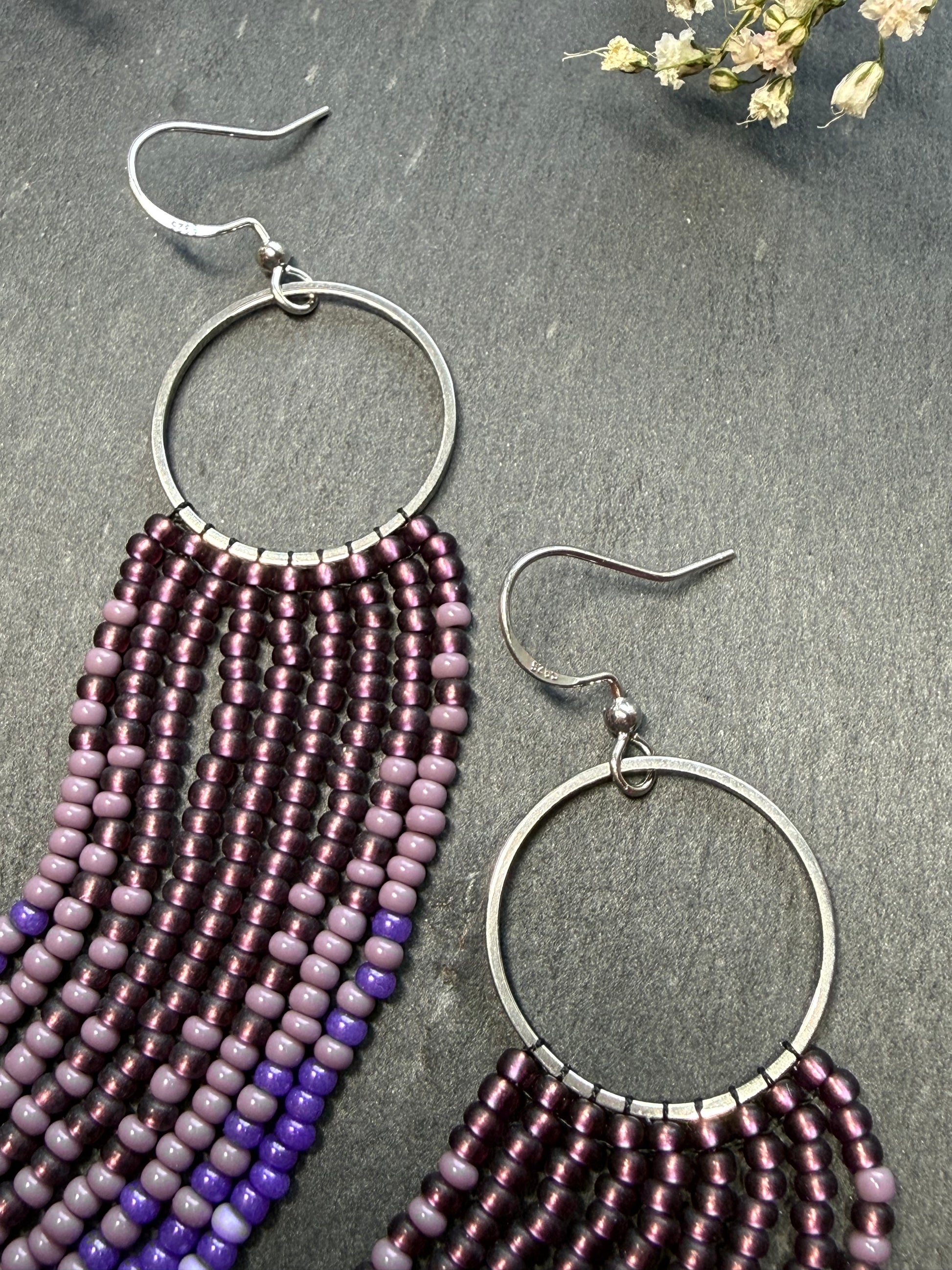 Long purple and silver beaded fringe earrings on hoop base with 925 sterling silver hooks. Handmade statement earrings fringe and gradient design boho jewelry image 11