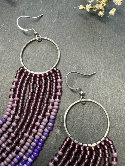 Long purple and silver beaded fringe earrings on hoop base with 925 sterling silver hooks. Handmade statement earrings fringe and gradient design boho jewelry image 11