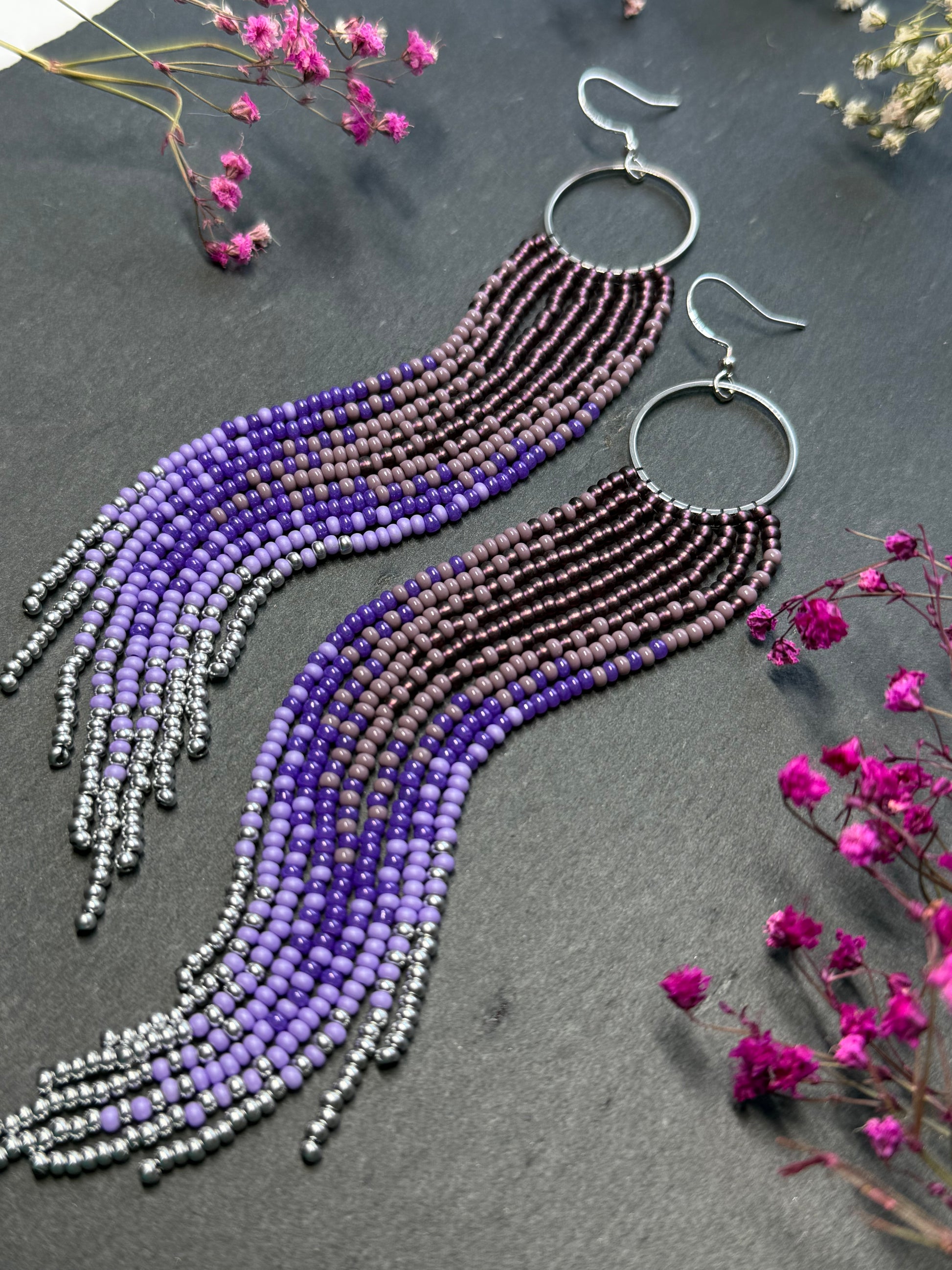 Long purple and silver beaded fringe earrings on hoop base with 925 sterling silver hooks. Handmade statement earrings fringe and gradient design boho jewelry image 10