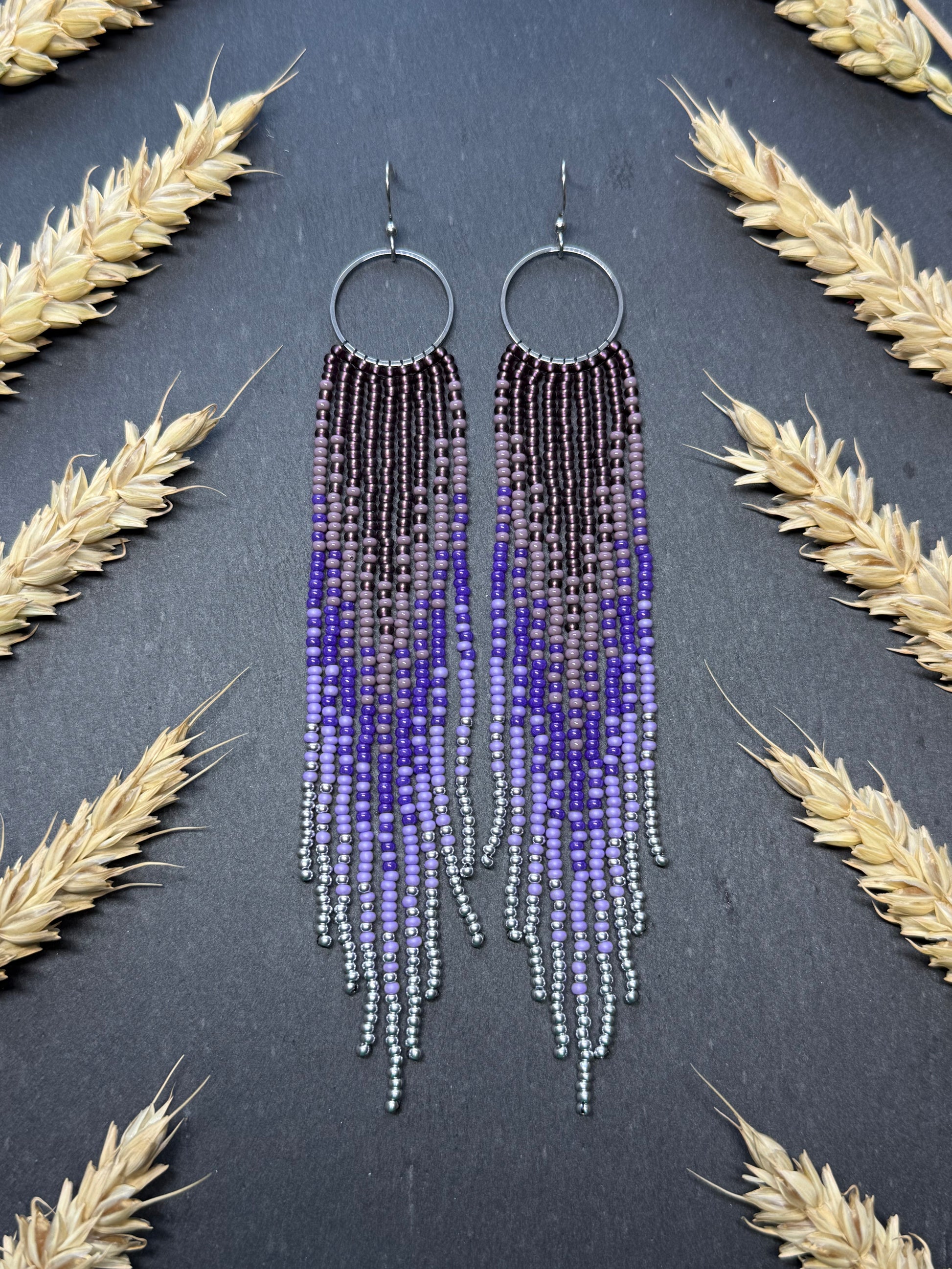 Long purple and silver beaded fringe earrings on hoop base with 925 sterling silver hooks. Handmade statement earrings fringe and gradient design boho jewelry image 15