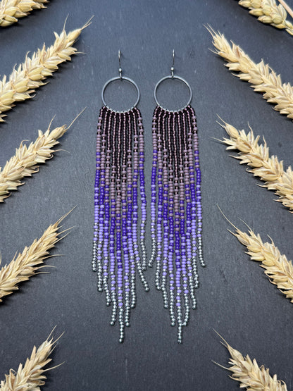 Long purple and silver beaded fringe earrings on hoop base with 925 sterling silver hooks. Handmade statement earrings fringe and gradient design boho jewelry image 15