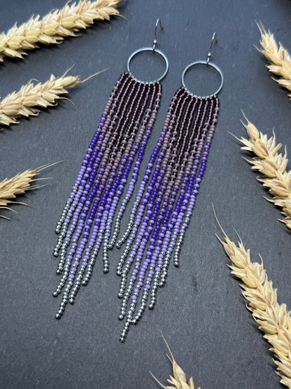 Long purple and silver beaded fringe earrings on hoop base with 925 sterling silver hooks. Handmade statement earrings fringe and gradient design boho jewelry image 16
