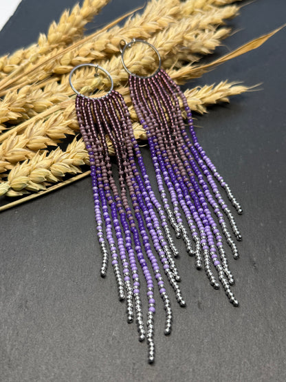 Long purple and silver beaded fringe earrings on hoop base with 925 sterling silver hooks. Handmade statement earrings fringe and gradient design boho jewelry image 17