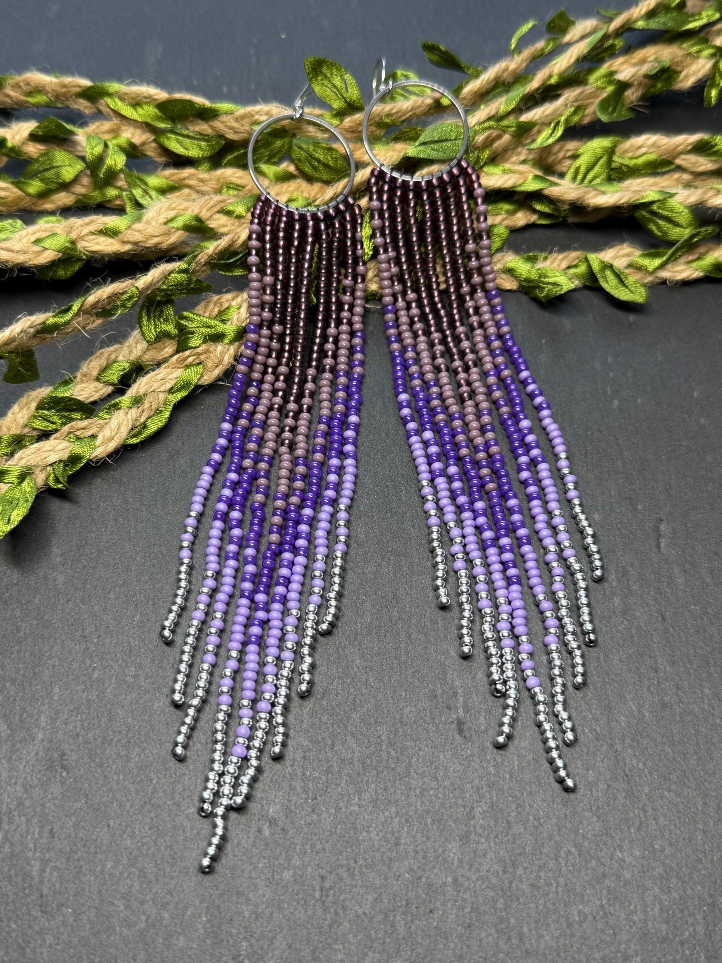 Long purple and silver beaded fringe earrings on hoop base with 925 sterling silver hooks. Handmade statement earrings fringe and gradient design boho jewelry image 18