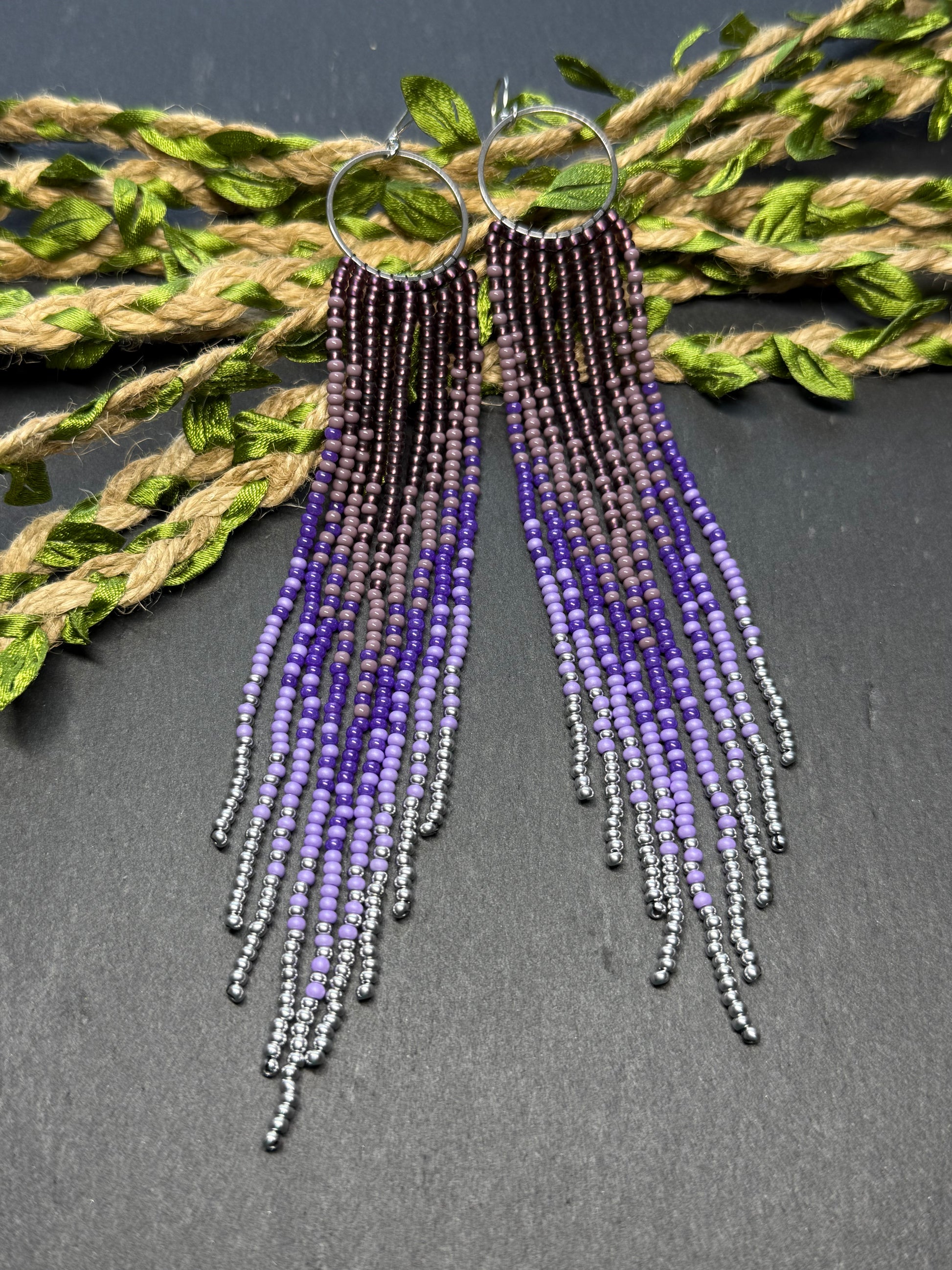 Long purple and silver beaded fringe earrings on hoop base with 925 sterling silver hooks. Handmade statement earrings fringe and gradient design boho jewelry image 18