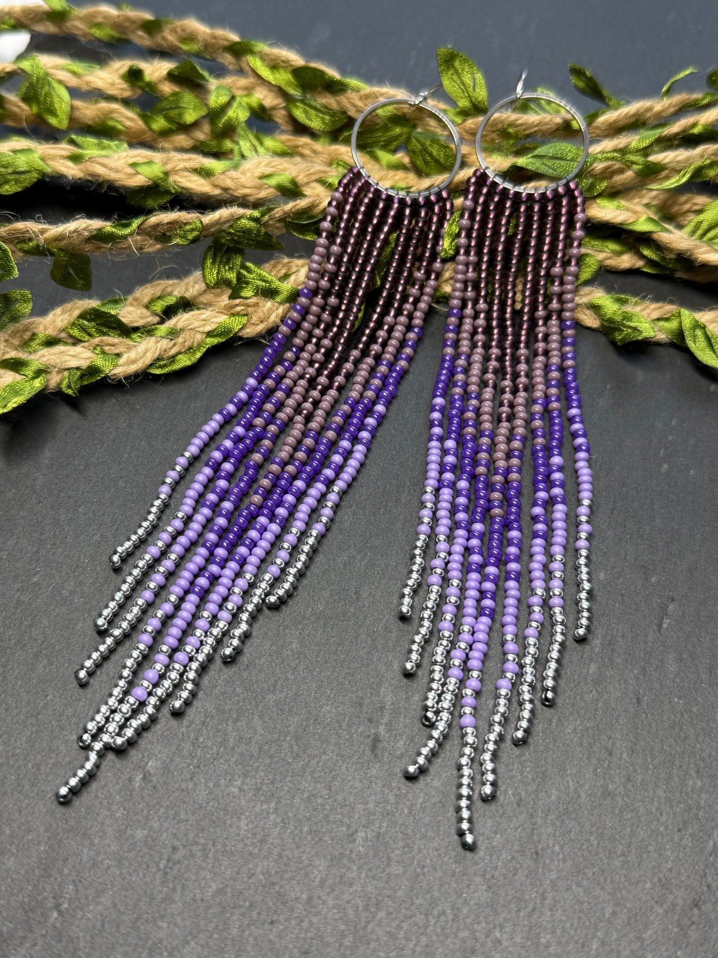 Long purple and silver beaded fringe earrings on hoop base with 925 sterling silver hooks. Handmade statement earrings fringe and gradient design boho jewelry image 19