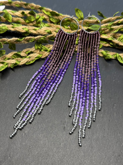 Long purple and silver beaded fringe earrings on hoop base with 925 sterling silver hooks. Handmade statement earrings fringe and gradient design boho jewelry image 19