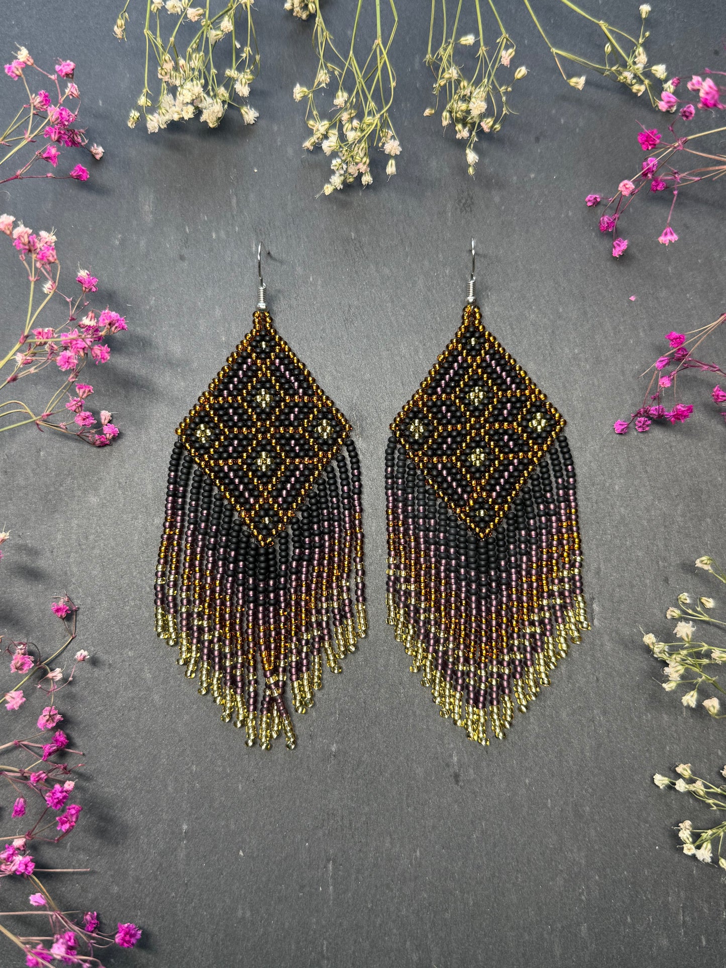 Handmade boho beaded statement earrings in black and copper gold with geometric design and long fringe. Ethnic style jewelry, unique perfect gift for her image 1